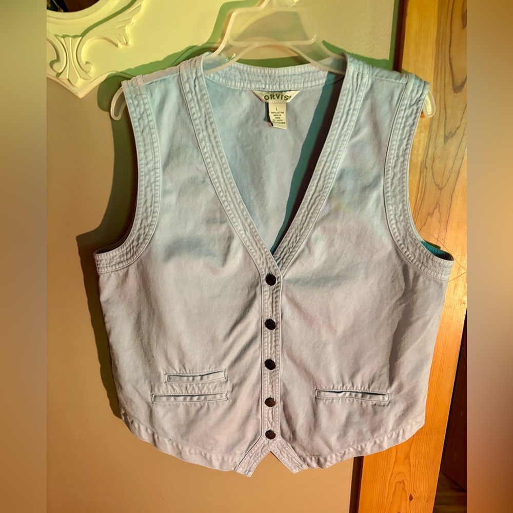 ⭐️Orvis Light Wash Denim Vest Button Front Blue Jean Waistcoat Unlined Size Lg⭐️